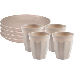 Servies van kunststof - 8x dinerborden en 8x drinkbekers - beige