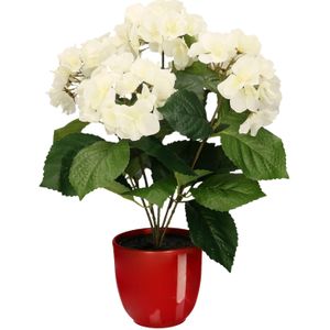 Hortensia kunstplant/kunstbloemen 40 cm - wit - in pot rood glans - Kunst kamerplant