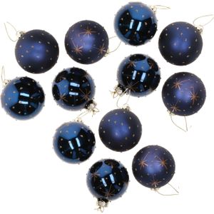 12x stuks luxe gedecoreerde glazen kerstballen blauw 6 cm