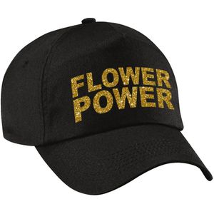 Gouden glitter letters flower power verkleed pet/cap zwart volwassenen