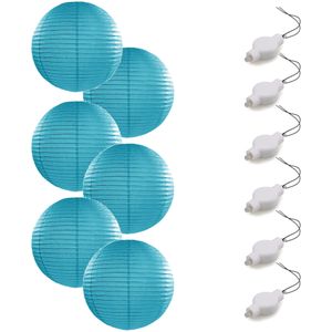 Setje van 6x stuks luxe turquoise blauw bolvormige party lampionnen 35 cm met lantaarnlampjes