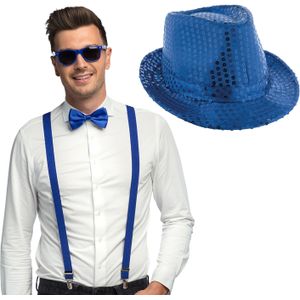 Carnaval verkleedset Supercool - hoedje/bretels/bril/strikje - blauw - heren/dames - glimmend