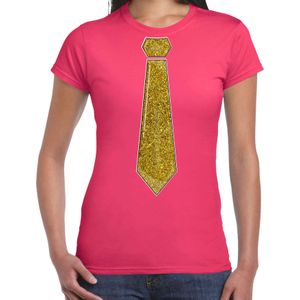 Verkleed t-shirt voor dames - stropdas glitter goud - roze - carnaval - foute party