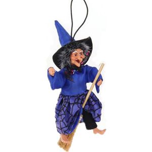 Halloween decoratie heksen pop - vliegend op bezem - 10 cm - zwart/blauw