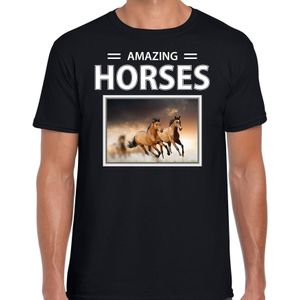 Bruine paarden t-shirt met dieren foto amazing horses zwart voor heren
