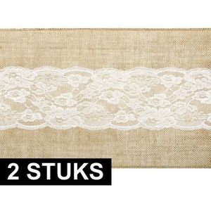 2x Kerst thema jute tafellopers 28 x 275 cm met wit kant