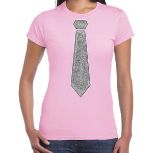 Verkleed t-shirt voor dames - stropdas glitter zilver - licht roze - carnaval - foute party