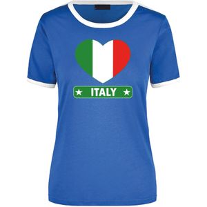 Italy blauw/wit ringer t-shirt Italie vlag in hart voor dames