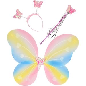 Verkleed set vlinder - vleugels/diadeem/toverstokje - multi kleuren - kinderen - Carnavalskleding/ac