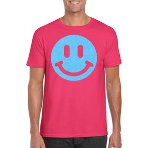 Verkleed T-shirt voor heren - smiley - roze - carnaval/foute party - feestkleding