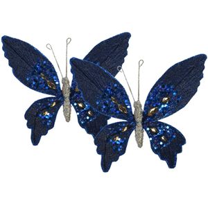 Kerstboomversiering vlinders op clip - 2x st - donkerblauw - 15 cm -kunststof