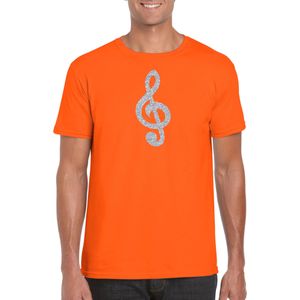 Zilveren muziek noot G-sleutel / muziek feest t-shirt / kleding oranje heren