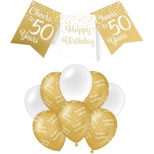 Paperdreams Luxe 50 jaar feestversiering set - Ballonnen &amp; vlaggenlijnen - wit/goud