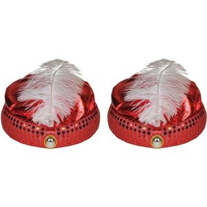 2x stuks rood Arabisch Sultan verkleed hoedje met diamant en veer