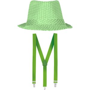 Carnaval verkleed set - hoedje en bretels - fluor groen - volwassenen