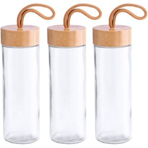 6x Stuks glazen waterfles/drinkfles transparant met bamboe houten dop met handvat 420 ml