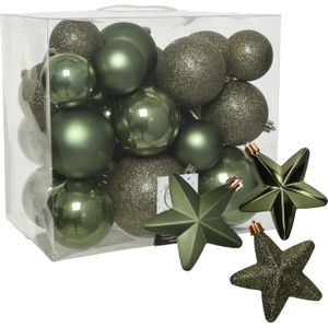 Pakket 32x stuks kunststof kerstballen en sterren ornamenten mosgroen