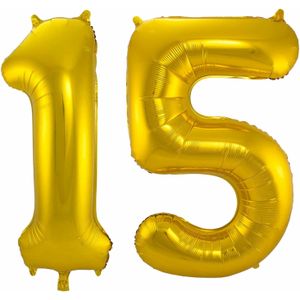 Grote folie ballonnen cijfer 15 in het goud 86 cm