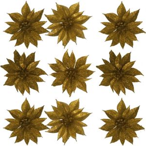 Kerstboom bloemen op clip - 9,5 cm - 12x stuks - glitter goud - kunststof
