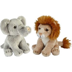 Safari dieren serie pluche knuffels 2x stuks - Olifant en Leeuw van 15 cm