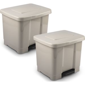 2x Stuks dubbele/2-vaks afvalemmer/vuilnisemmer taupe 35 liter met deksel en pedaal