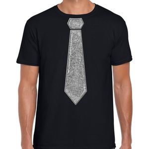 Verkleed t-shirt voor heren - stropdas glitter zilver - zwart - carnaval - foute party