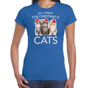 Kitten Kerst t-shirt / outfit All i want for Christmas is cats blauw voor dames