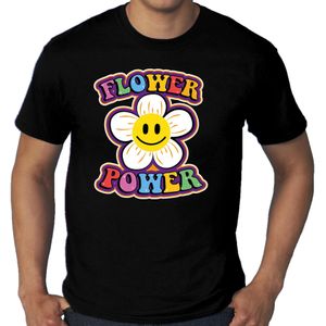 Toppers in concert Grote Maten jaren 60 Flower Power verkleed shirt zwart met emoticon bloem heren