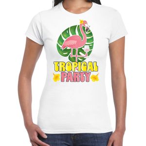 Tropical party T-shirt voor dames - flamingo - wit - carnaval/themafeest