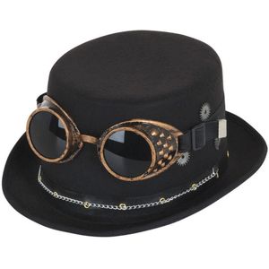 Steampunk hoed - met bril en ketting - zwart - polyester - voor volwassenen
