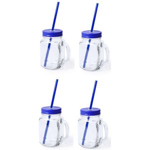 6x stuks glazen Mason Jar drinkbekers blauwe dop/rietje 500 ml