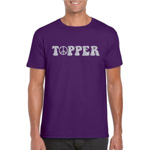 Toppers - Paars Flower Power T-shirt Topper met Zilveren Letters Heren - Sixties/Jaren 60 Kleding S