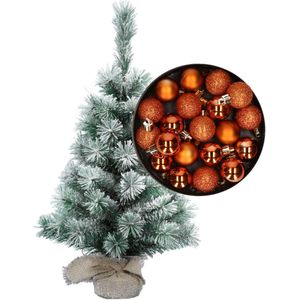 Besneeuwde mini kerstboom/kunst kerstboom 35 cm met kerstballen oranje