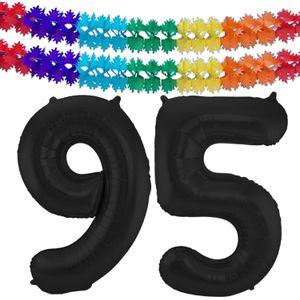 Grote folie ballonnen cijfer 95 in het zwart 86 cm en 2x feestslingers