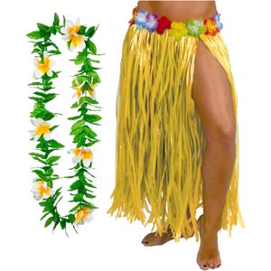 Hawaii verkleed hoela rokje en bloemenkrans - volwassenen - geel - tropisch themafeest - hoela