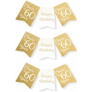 Verjaardag vlaggenlijn 60 jaar - 3x - binnen - karton - wit/goud - 600 cm