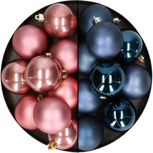 24x stuks kunststof kerstballen mix van donkerblauw en oudroze 6 cm