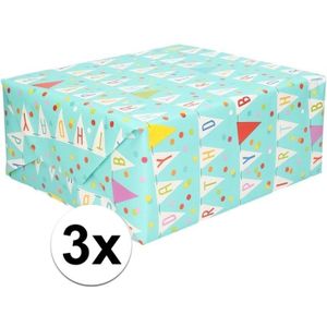 3x Blauw inpakpapier/cadeaupapier Birthday 200 x 70 cm rollen