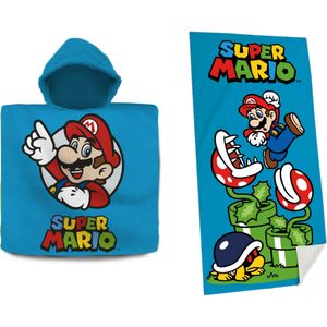 Set van bad cape/poncho met strand/badlaken voor kinderen met Super Mario print