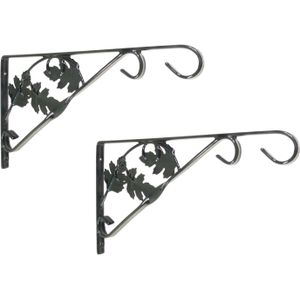 2x stuks muurhaken met sierbladeren groen 20 x 35 cm - verzinkt staal - hanging basket haak