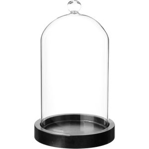 Atmosphera Home decoratie glazen stolp op houten plateau - glas/zwart - D12 x H19 cm - Woonaccessoires