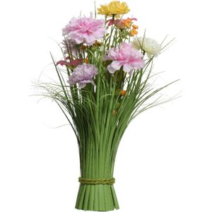 Kunstgras boeket bloemen - anjers - lila paars - geel - H40 cm - lente boeket