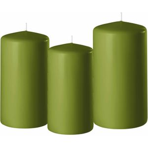 Set van 3x stuks olijf groene stompkaarsen 10-12-15 cm met diameter 6 cm - Sfeer kaarsen voor binnen