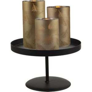 LED kaarsen/stompkaarsen - 3x st - goud - bladeren - glas - met zwart kaarsenbord 22 cm