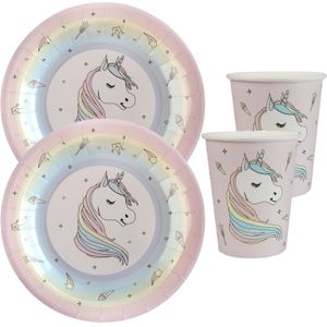 Eenhoorn thema feest wegwerp servies set - 20x bordjes / 20x bekers - roze