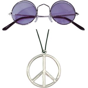 Hippie Flower Power Sixties verkleed set ketting met paarse party bril