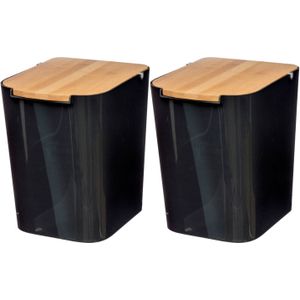 5Five prullenbak/vuilnisbak - 2x stuks - 5 liter - bamboe - zwart/lichtbruin - 24 x 19 cm - badkamer