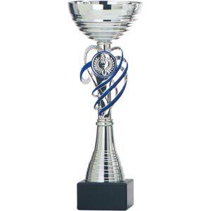 Luxe trofee/prijs beker - zilver/blauw decoratie - kunststof - 22 x 8 cm