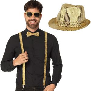 Carnaval verkleedset Supercool - hoedje/bretels/bril/strikje - goud - heren/dames - glimmend