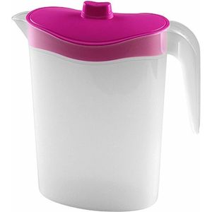 Waterkan/sapkan met roze deksel 1,5 liter 9 x 21 x 23 cm kunststof - Compact formaat schenkkan die in de koelkastdeur past - Sapkannen/waterkannen/schenkkannen/limonadekannen